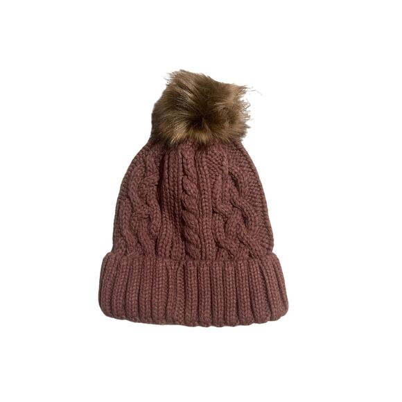 Cable Knit Fur Pom Beanie Toboggan Hat Mauve‎ Brand New - Picture 2 of 4